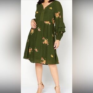 Fig & Flower by Anthropologie Embroidered Dress Green Large Floral Long Sleeve S